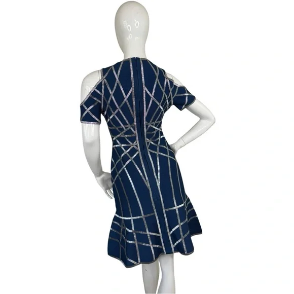 HERVE LEGER VERONIKKA CAGED STRAPPY SEXY RARE COLD-SHOULDER FLUTE DRESS Sz L - Picture 17 of 17